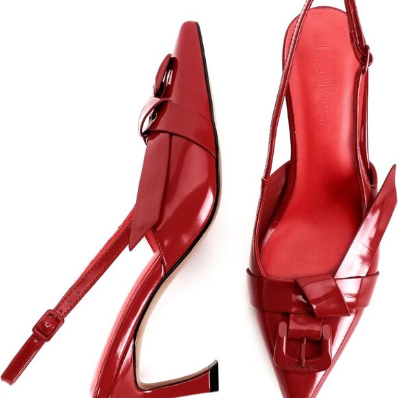 Shoes - Women Heels Faux Leather 2.6 Inch Pointed Toe Kitten Slip On Party Pumps